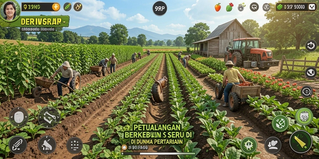 Tampilan gameplay berkebun dalam 99RP dengan berbagai tanaman.