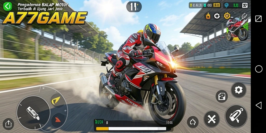 Tampilan gameplay seru A777GAME di trek balap motor.