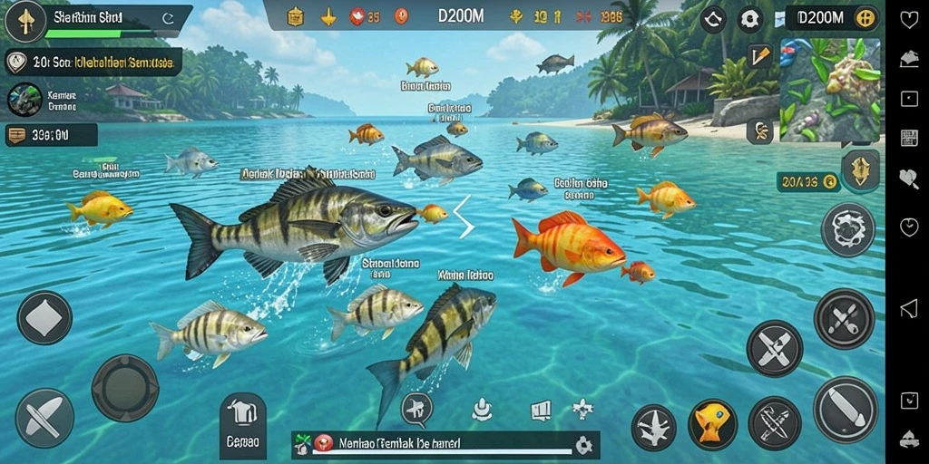 Screenshot gameplay D200M menunjukkan aksi menangkap ikan yang seru.