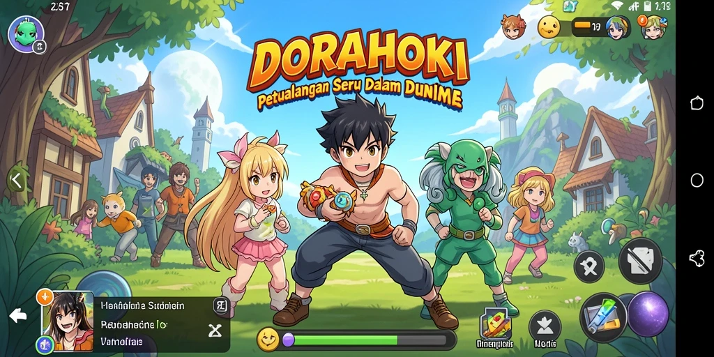 Tampilan gameplay DORAHOKI dengan karakter anime yang dinamis.