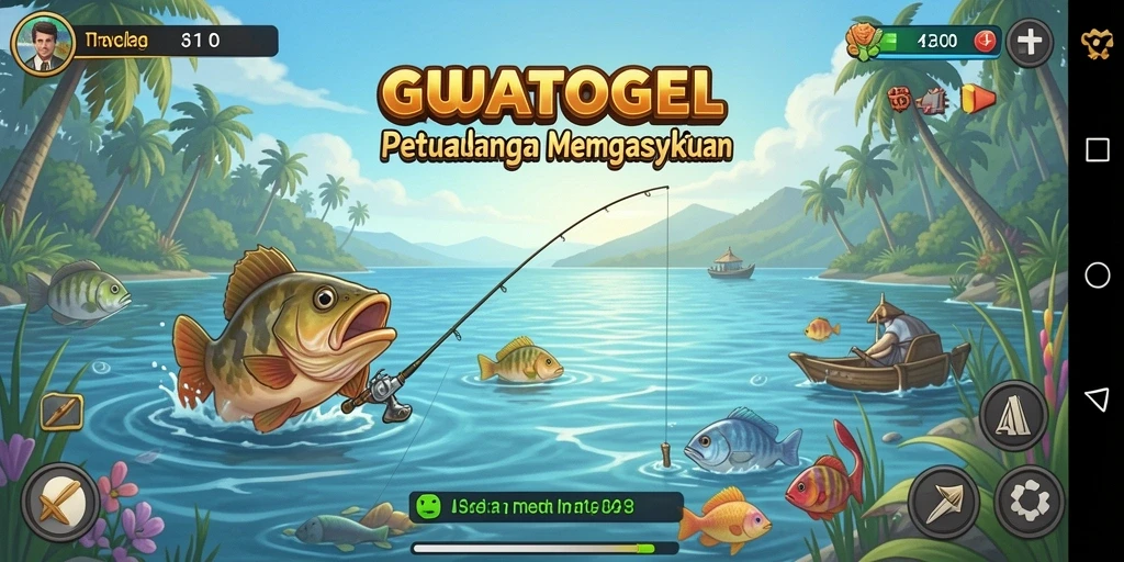 Tampilan gameplay GUATOGEL yang seru dan menarik dengan berbagai ikan yang menunggu untuk ditangkap.