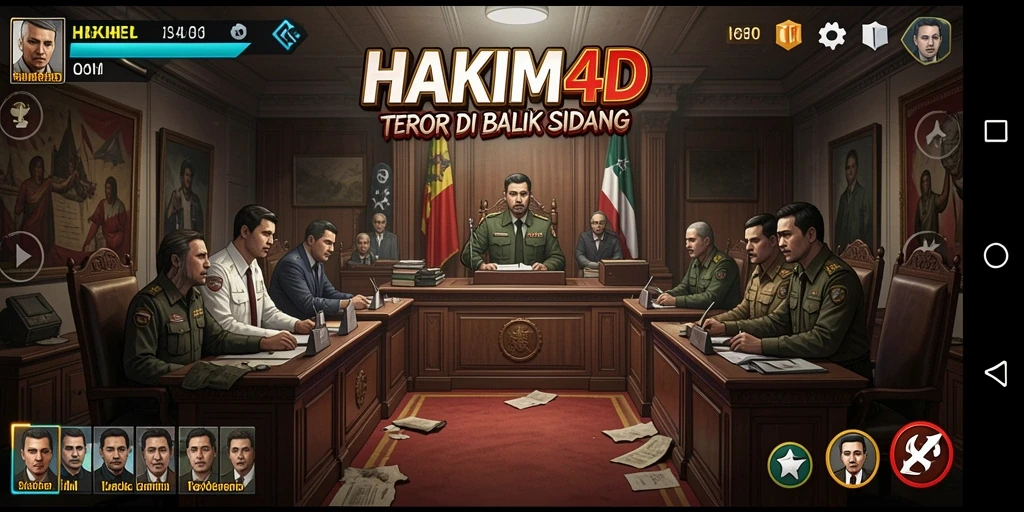Screenshot gameplay HAKIM4D menampilkan suasana menegangkan di ruang sidang.