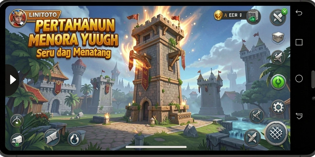 Gameplay seru LINITOTO dengan menara bertahan dari gelombang musuh.