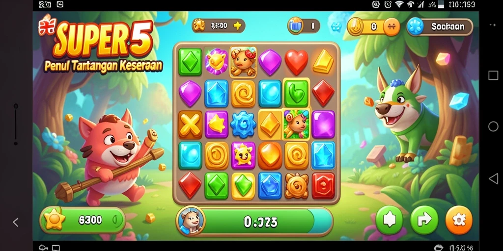 Tampilan gameplay <strong>SUPER5</strong> dengan kombinasi warna-warni dalam permainan Match-3.