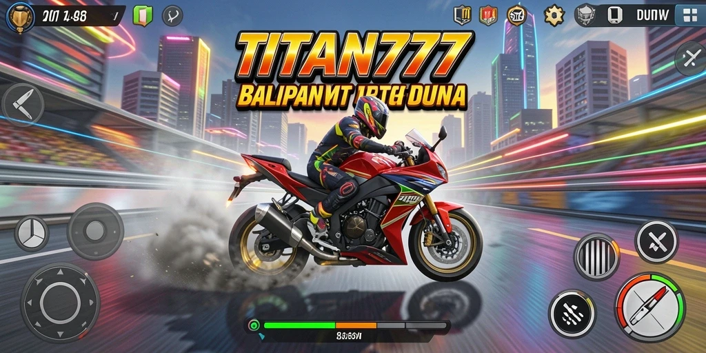 Tampilan gameplay seru dari TITAN777 saat balapan motor.