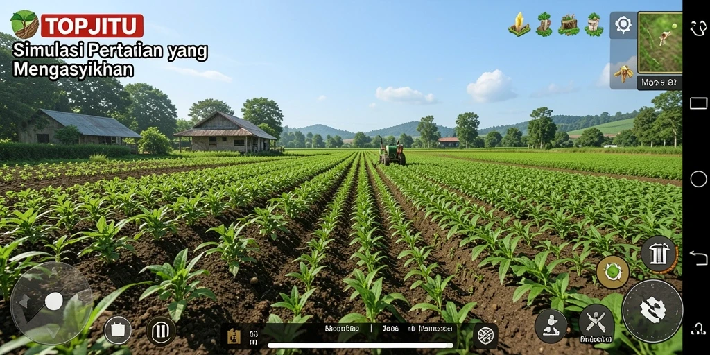 Tangkapan layar gameplay TOPJITU menampilkan petakan ladang yang hijau dan subur.